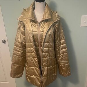 Lands End Gold Women's Down Hooded Mid-Length Puffer Parka Sz L